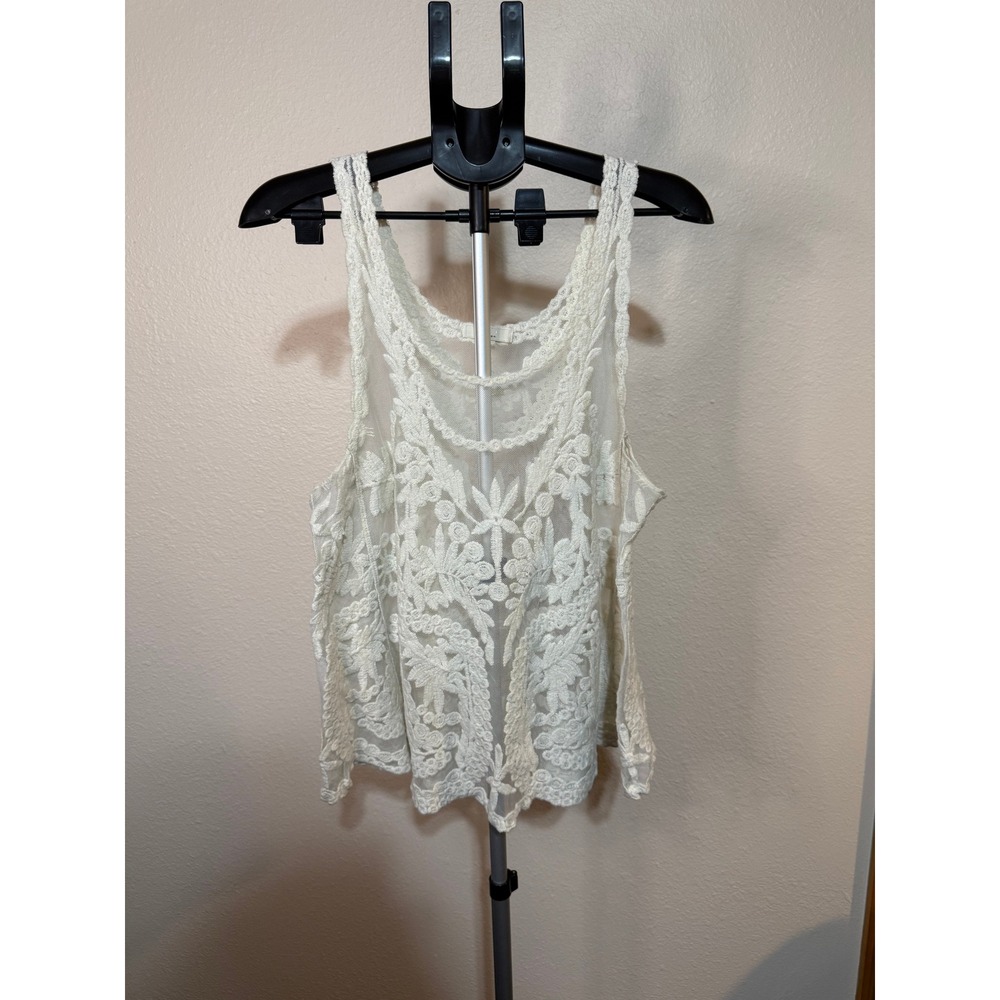 Nabee Cream White Sheer Floral Embroidered Mesh Lace Tank Top XL Boho Festival